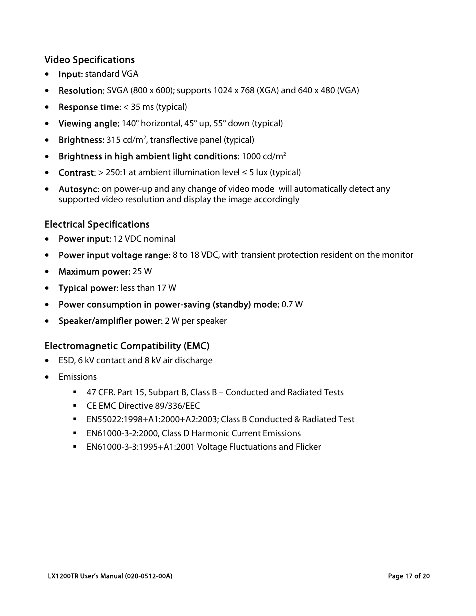 Video specifications, Electrical specifications, Electromagnetic compatibility (emc) | Planar LX1200TR User Manual | Page 17 / 20