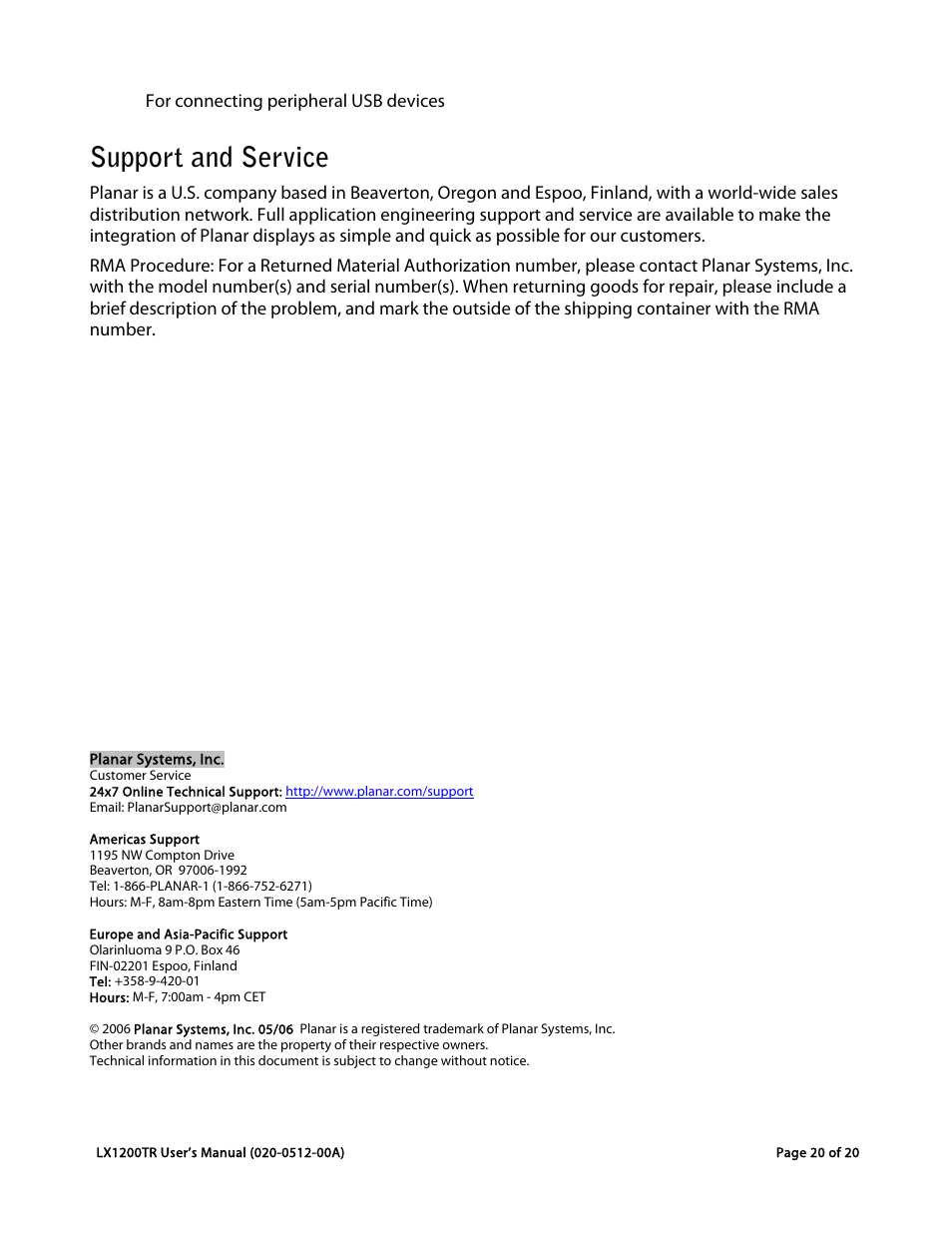 Support and service | Planar LX1200TR User Manual | Page 20 / 20