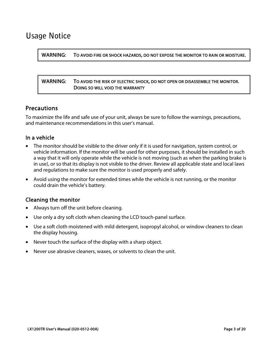 Usage notice, Precautions | Planar LX1200TR User Manual | Page 3 / 20