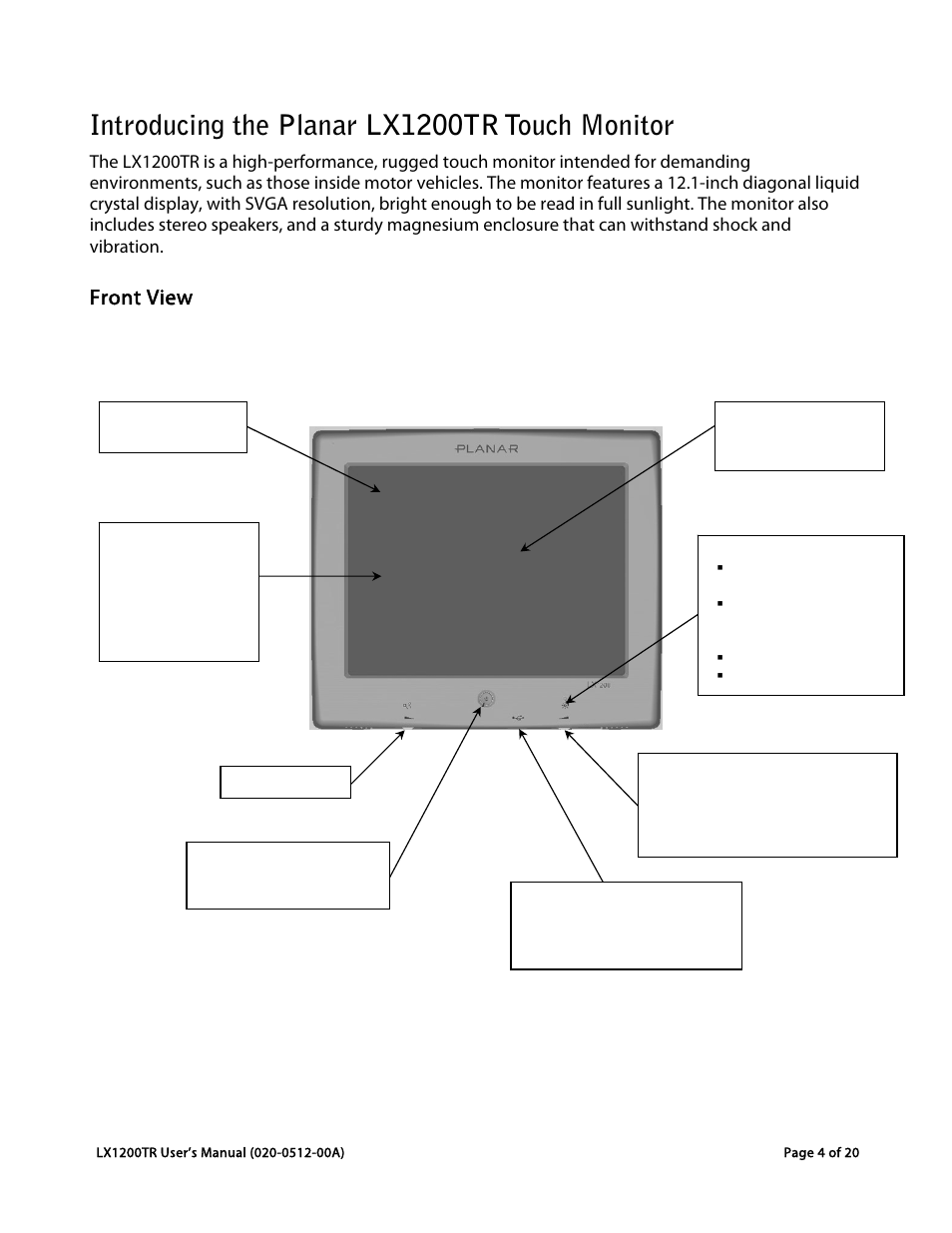 Introducing the planar lx1200tr touch monitor, Front view | Planar LX1200TR User Manual | Page 4 / 20