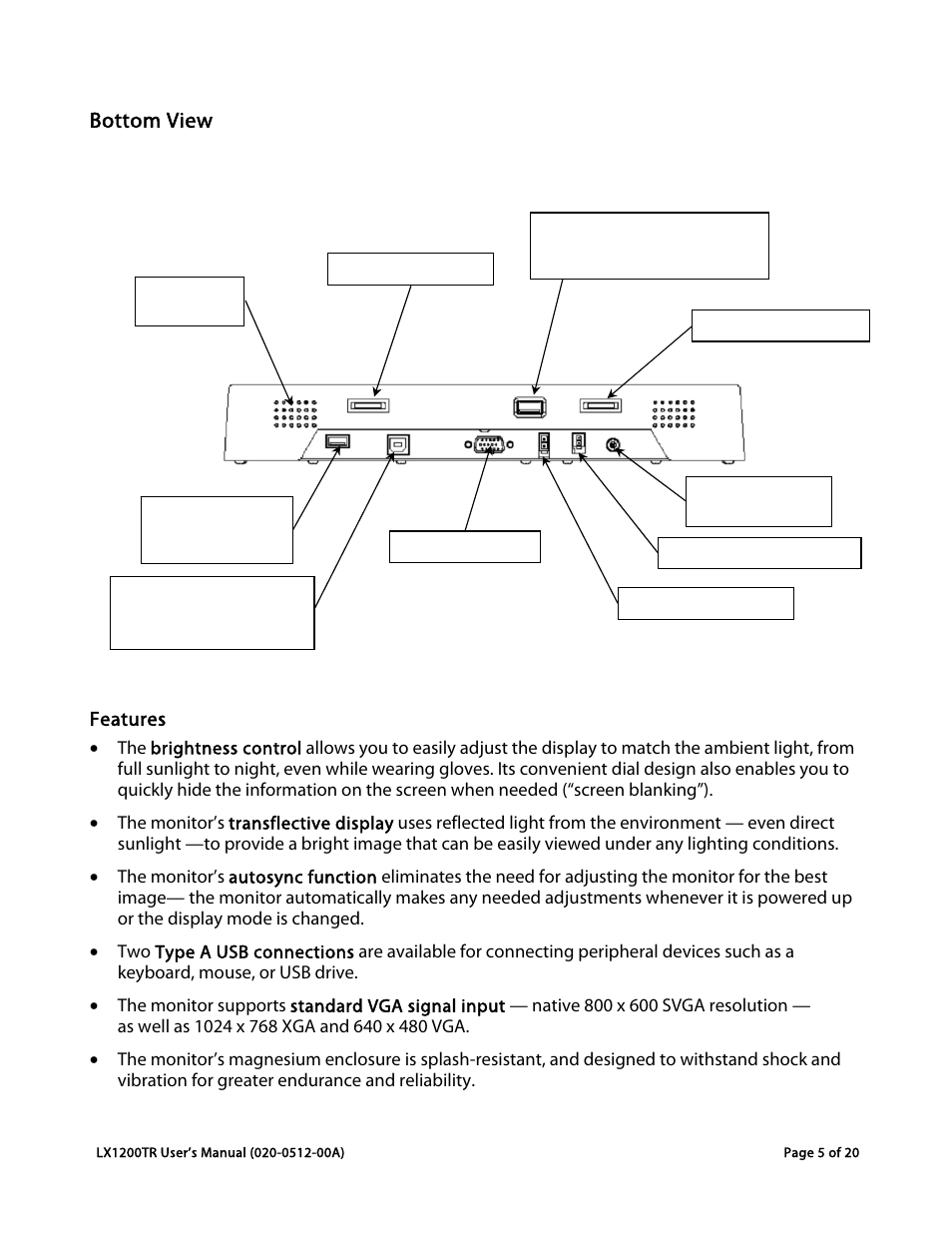 Bottom view, Features | Planar LX1200TR User Manual | Page 5 / 20