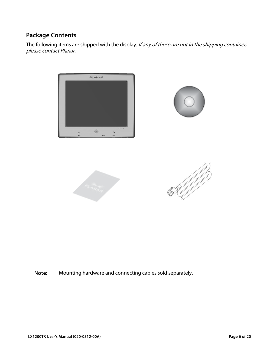 Package contents | Planar LX1200TR User Manual | Page 6 / 20
