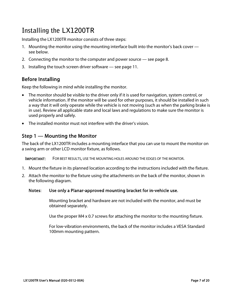 Installing the lx1200tr, Before installing, Step 1 — mounting the monitor | Planar LX1200TR User Manual | Page 7 / 20