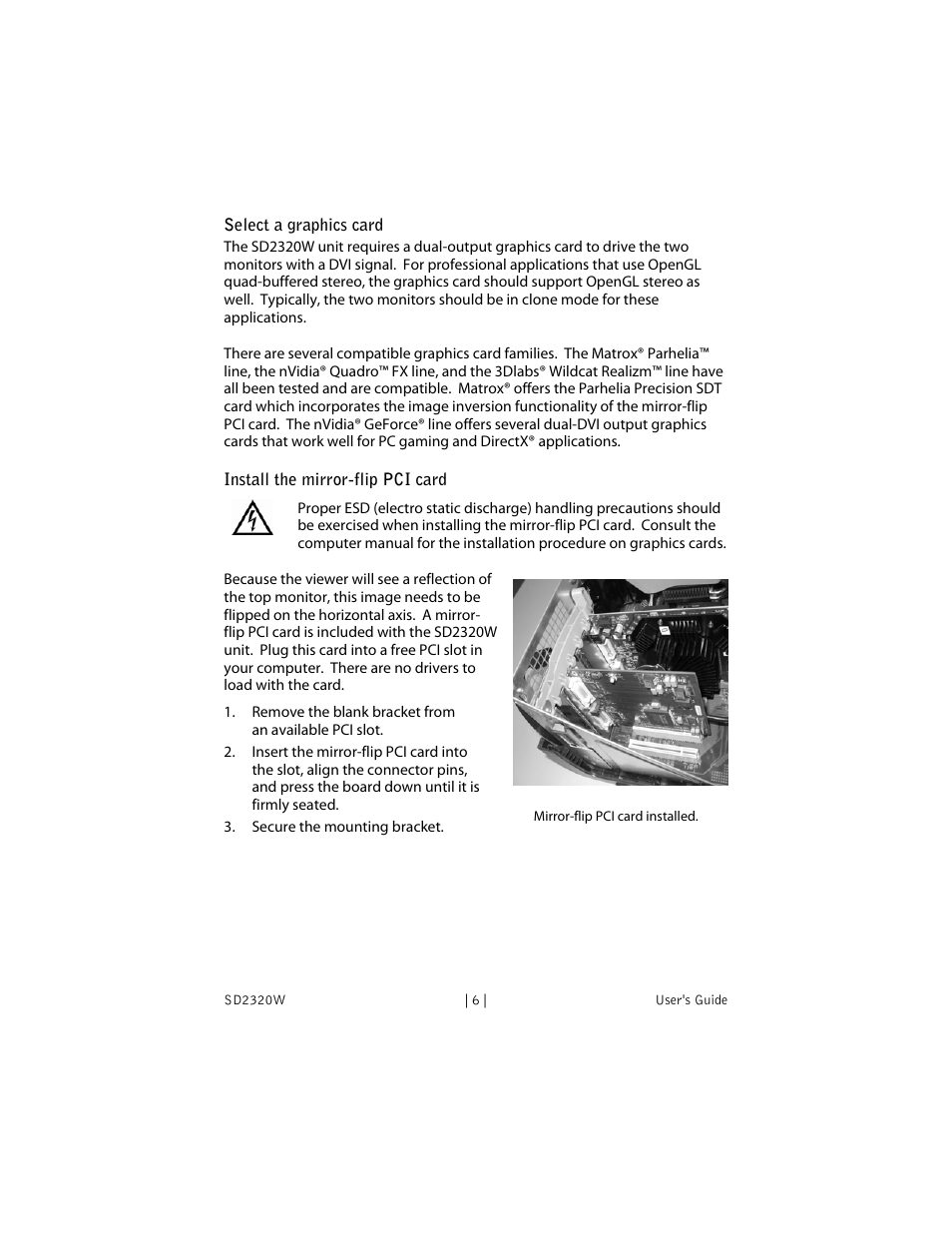 Select a graphics card, Install the mirror-flip pci card | Planar SD2320W User Manual | Page 11 / 20