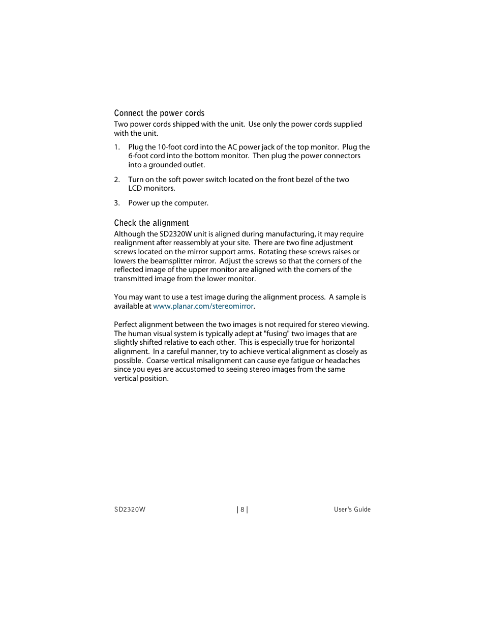 Connect the power cords, Check the alignment | Planar SD2320W User Manual | Page 13 / 20