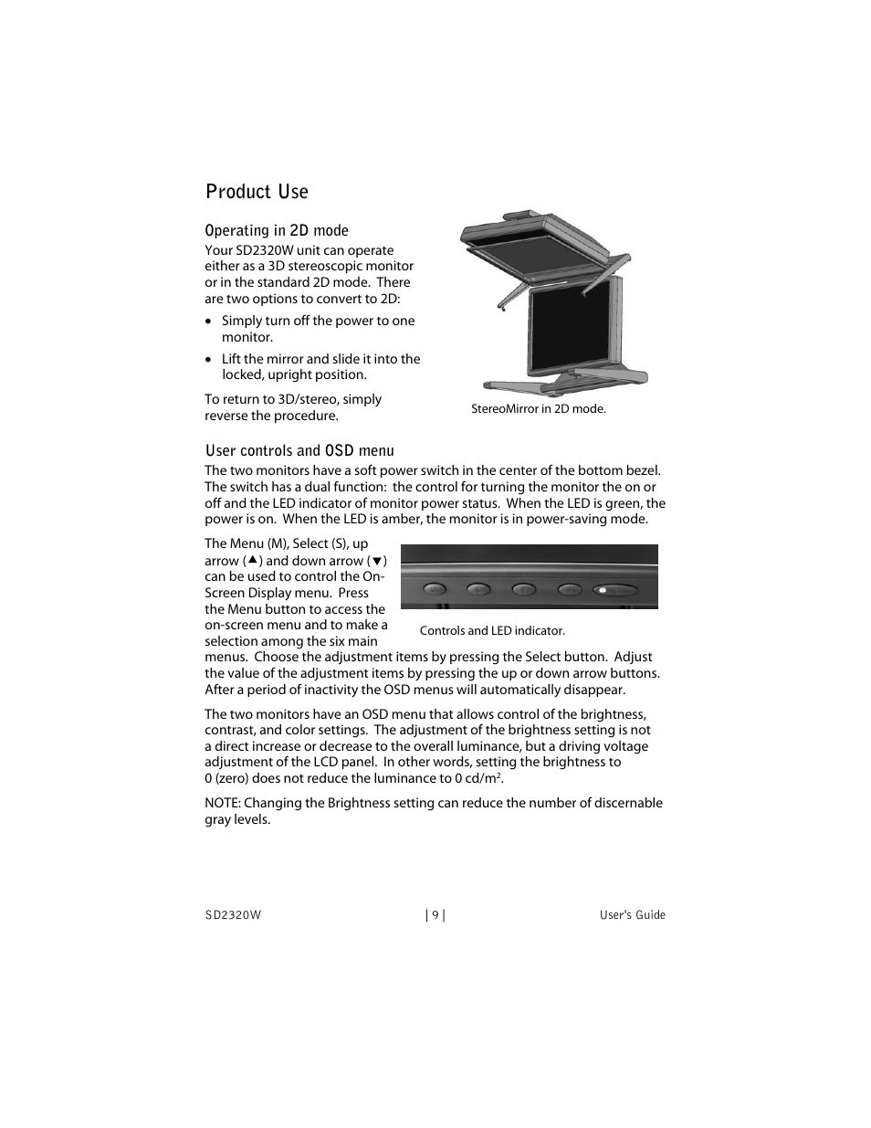 Product use, Operating in 2d mode, Usercontrols and osd menu | User controls and osd menu | Planar SD2320W User Manual | Page 14 / 20