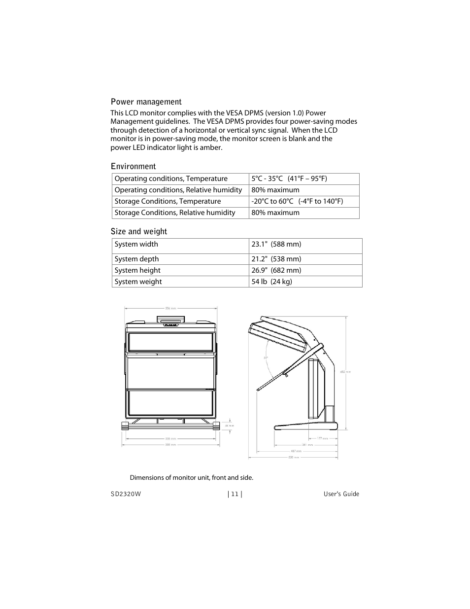 Power management, Environment, Size and weight | Planar SD2320W User Manual | Page 16 / 20