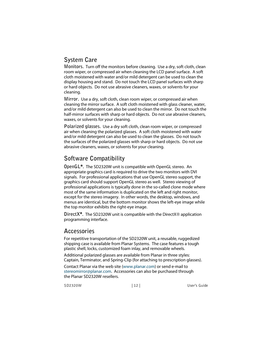 System care, Software compatibility, Accessories | Planar SD2320W User Manual | Page 17 / 20