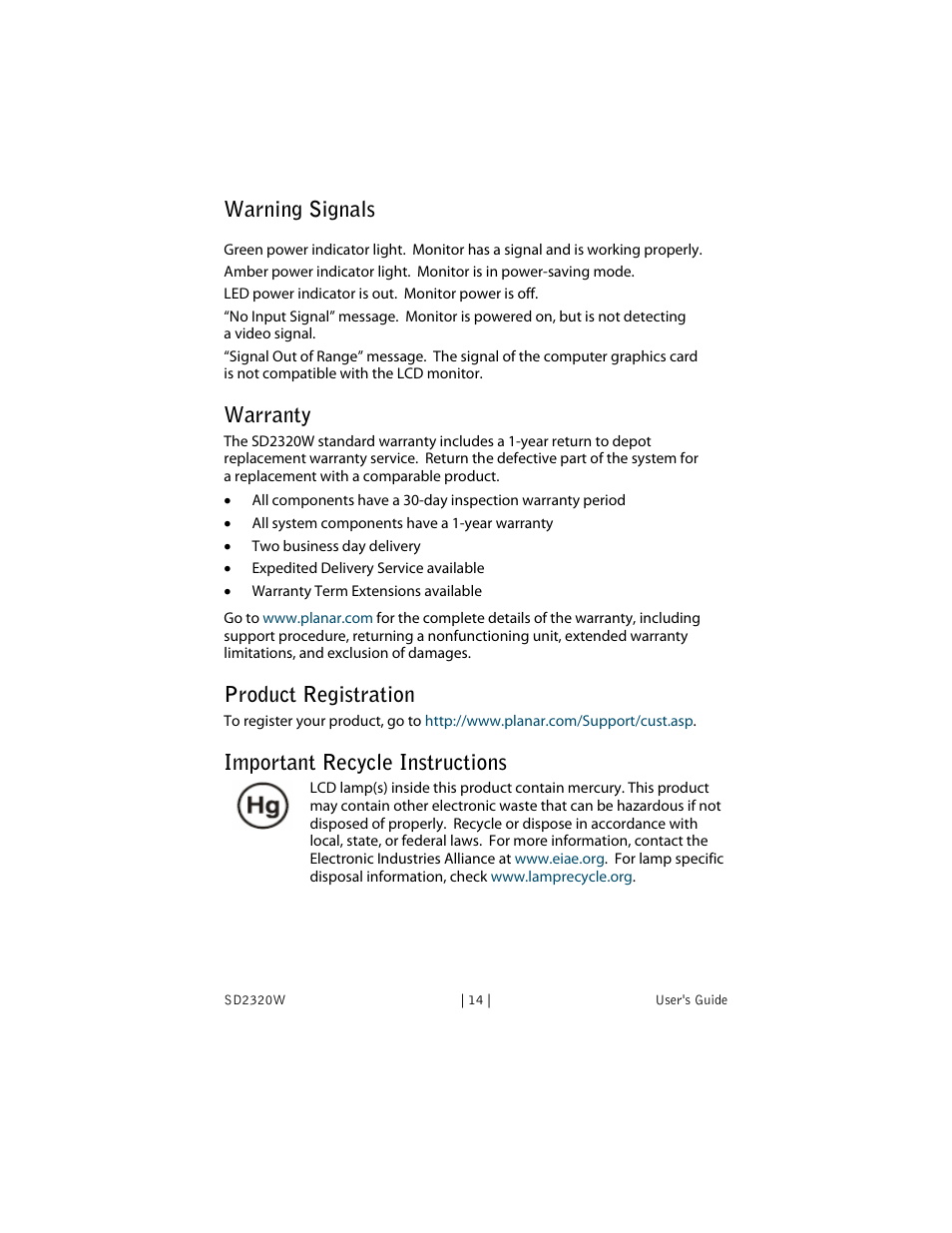 Warning signals, Warranty, Product registration | Important recycle instructions | Planar SD2320W User Manual | Page 19 / 20