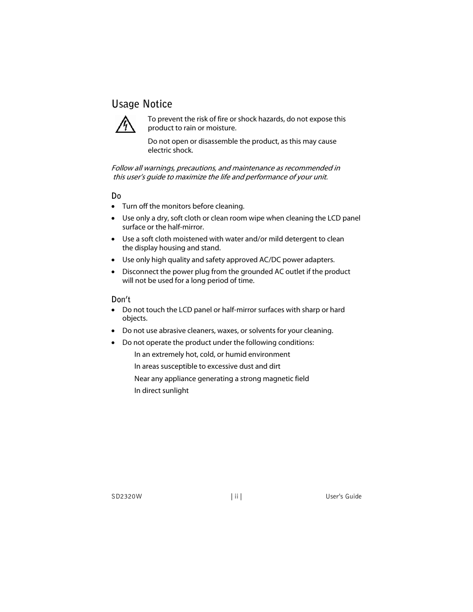 Usage notice, Don't | Planar SD2320W User Manual | Page 2 / 20