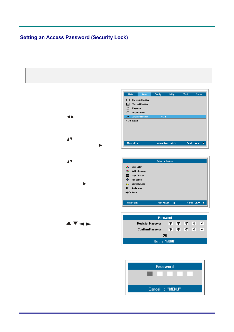 Setting an access password (security lock), Etting an, Ccess | Assword, Ecurity | Planar PR Line PR3020 User Manual | Page 23 / 54