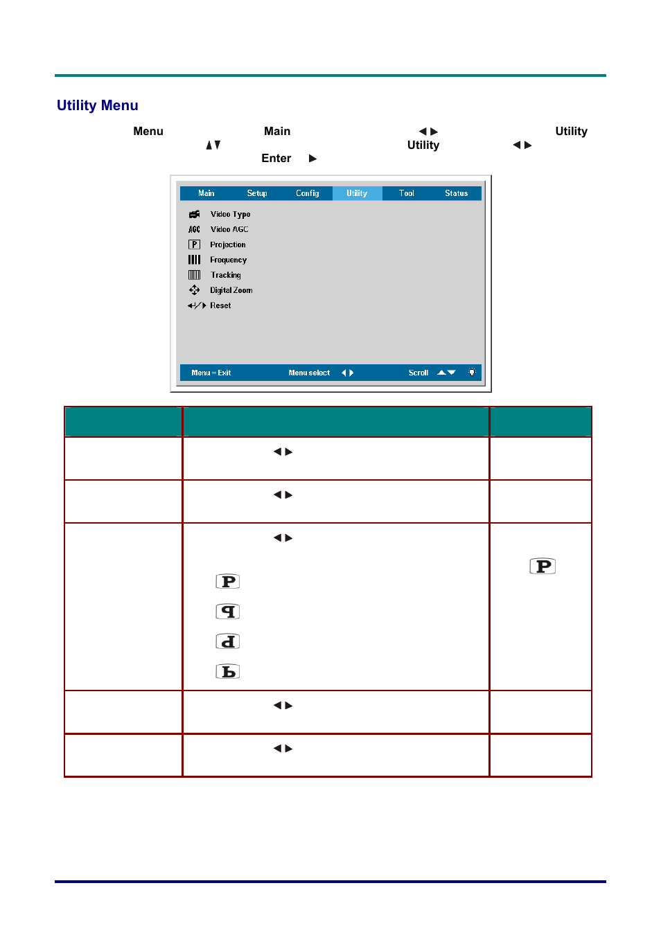 Utility menu, Tility | Planar PR Line PR3020 User Manual | Page 36 / 54