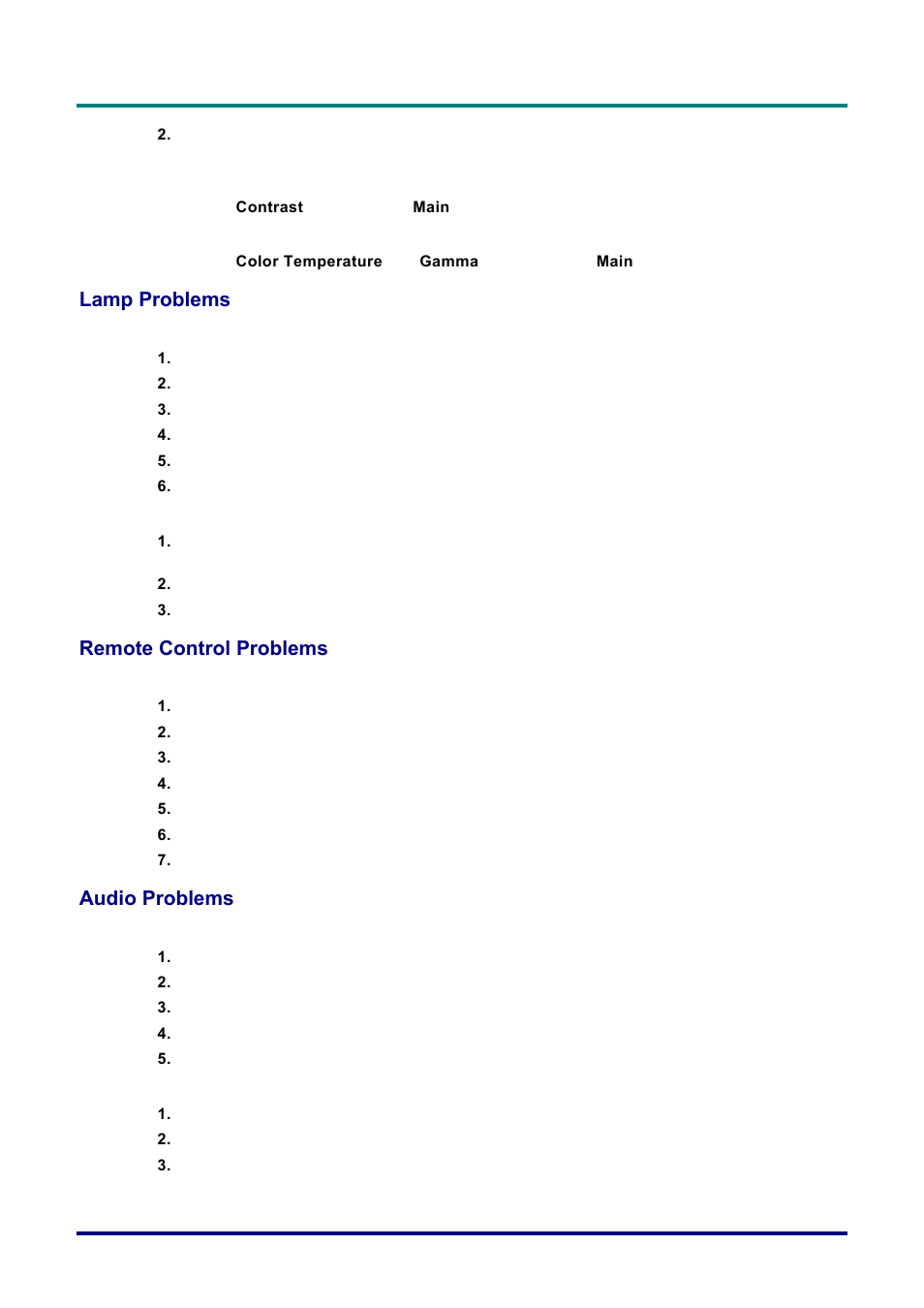 Lamp problems, Remote control problems, Audio problems | Roblems, Emote, Ontrol, Udio | Planar PR Line PR3020 User Manual | Page 47 / 54