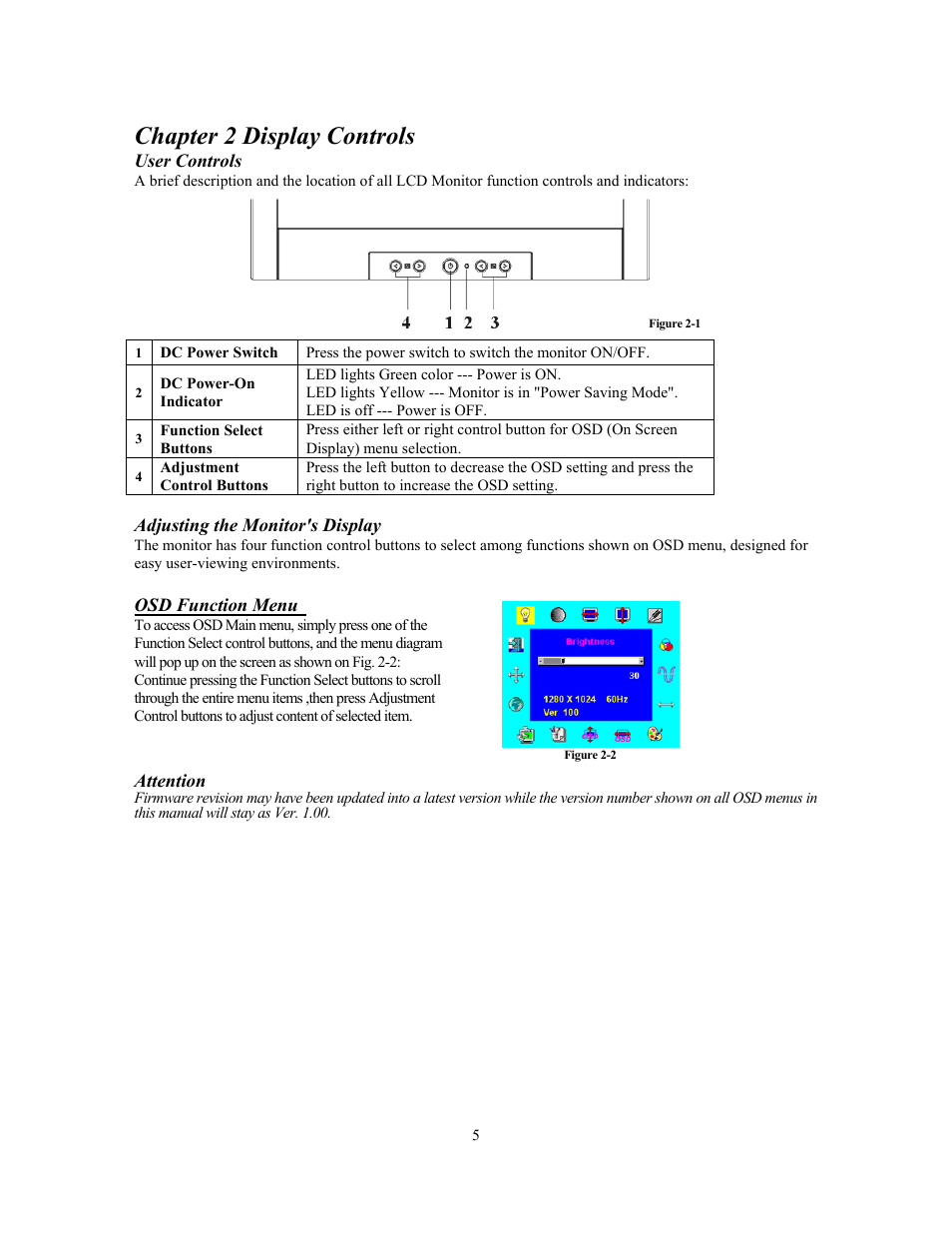 Chapter 2 display controls, User controls, Adjusting the monitor's display | Attention | Planar PE170 User Manual | Page 6 / 12