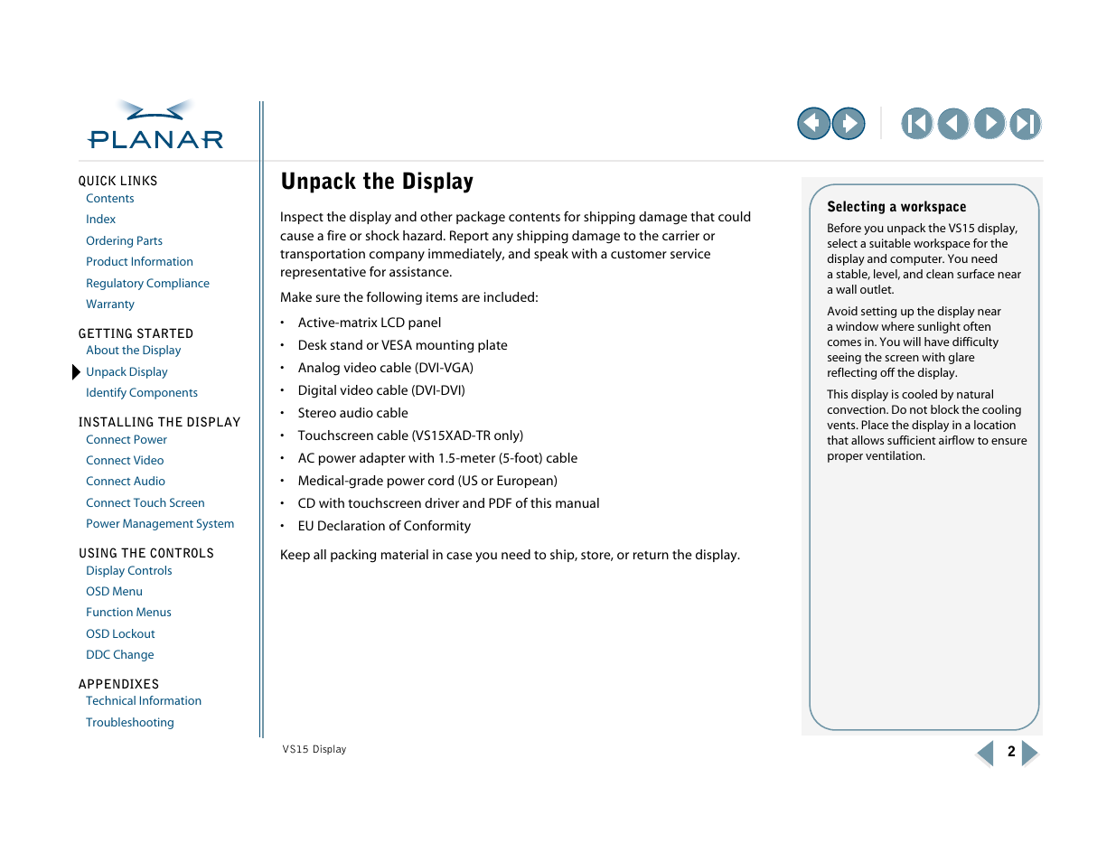 Unpack the display, Unpack display | Planar VS15XAD-TR User Manual | Page 10 / 37