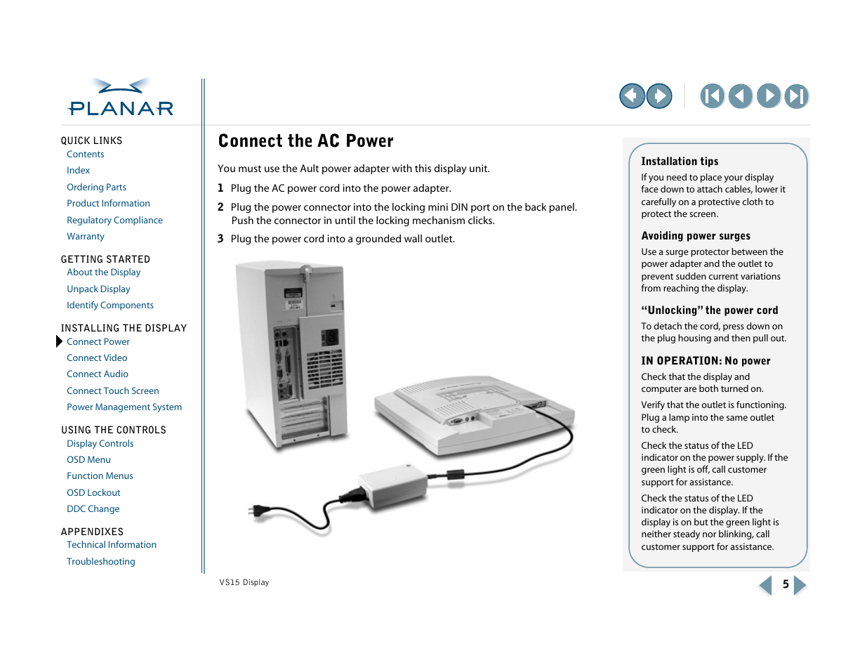 2 installing the display, Connect the ac power, Connect power | Planar VS15XAD-TR User Manual | Page 13 / 37