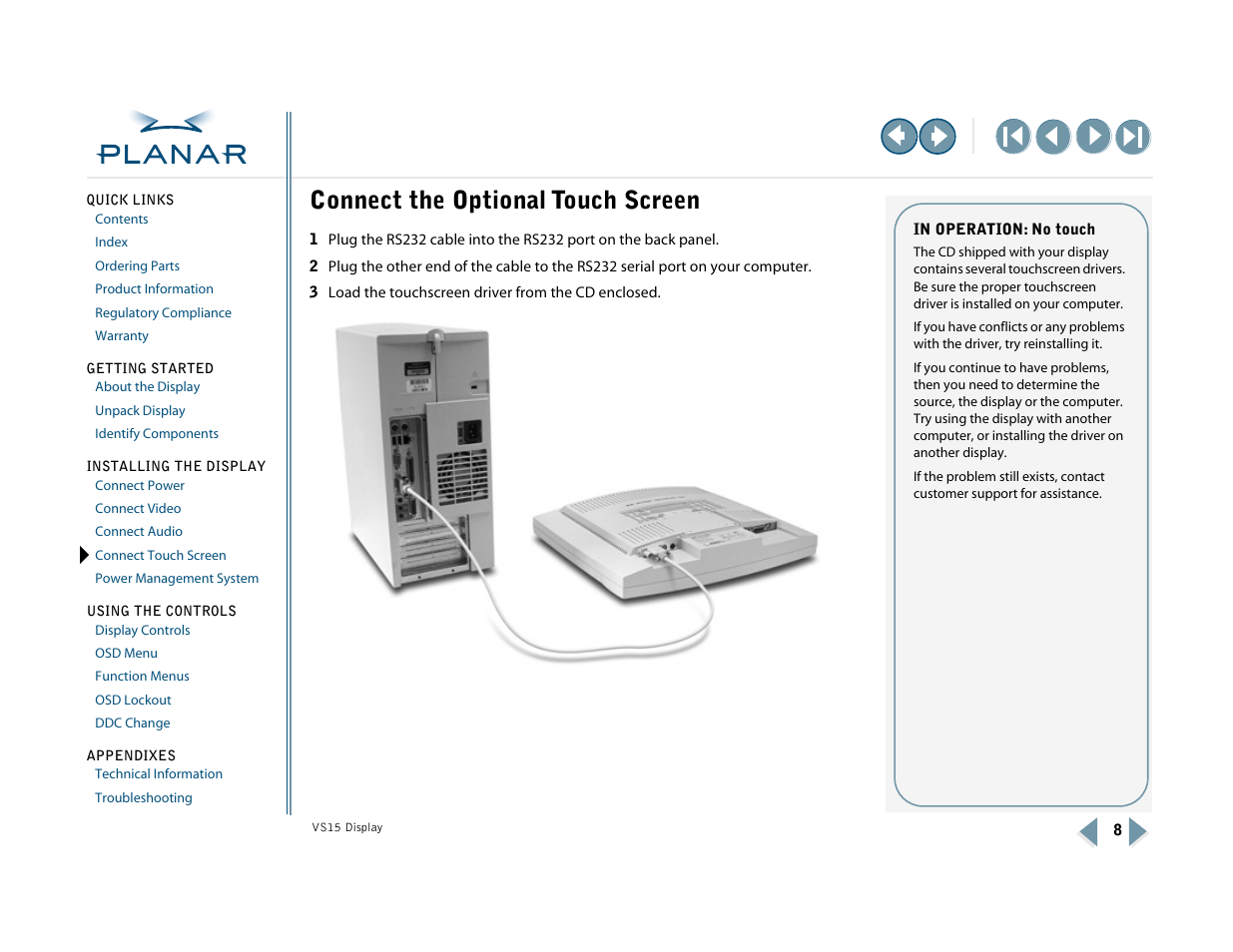 Connect the optional touch screen, Connect touch screen | Planar VS15XAD-TR User Manual | Page 16 / 37