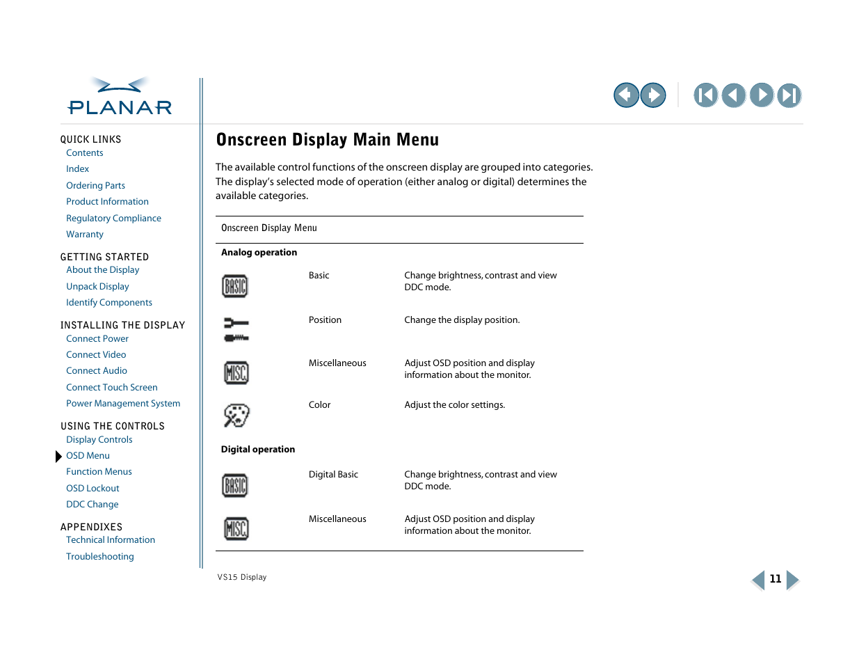 Onscreen display main menu, Osd menu | Planar VS15XAD-TR User Manual | Page 19 / 37