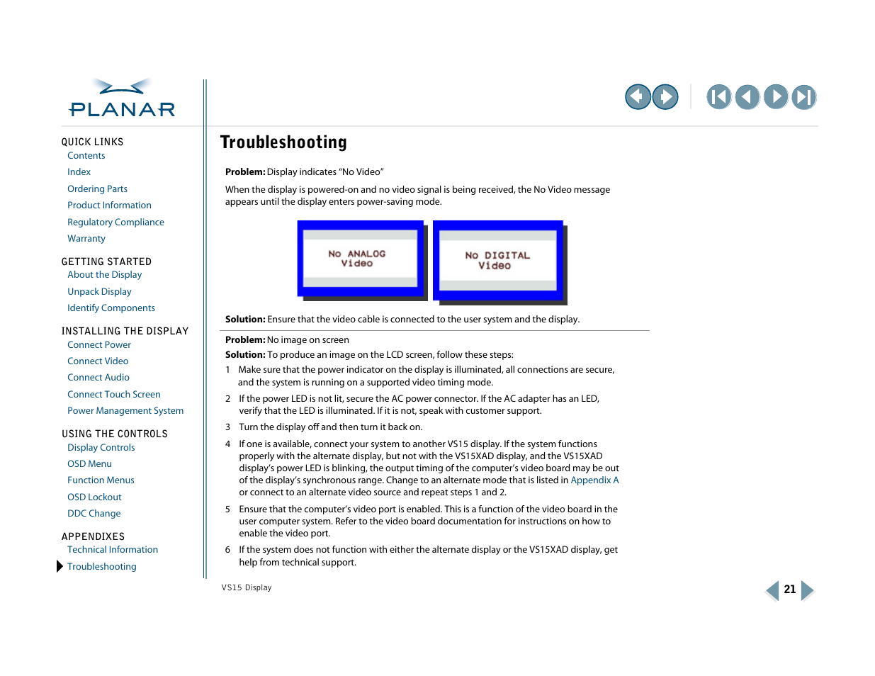 Appendix b: troubleshooting, Troubleshooting | Planar VS15XAD-TR User Manual | Page 29 / 37