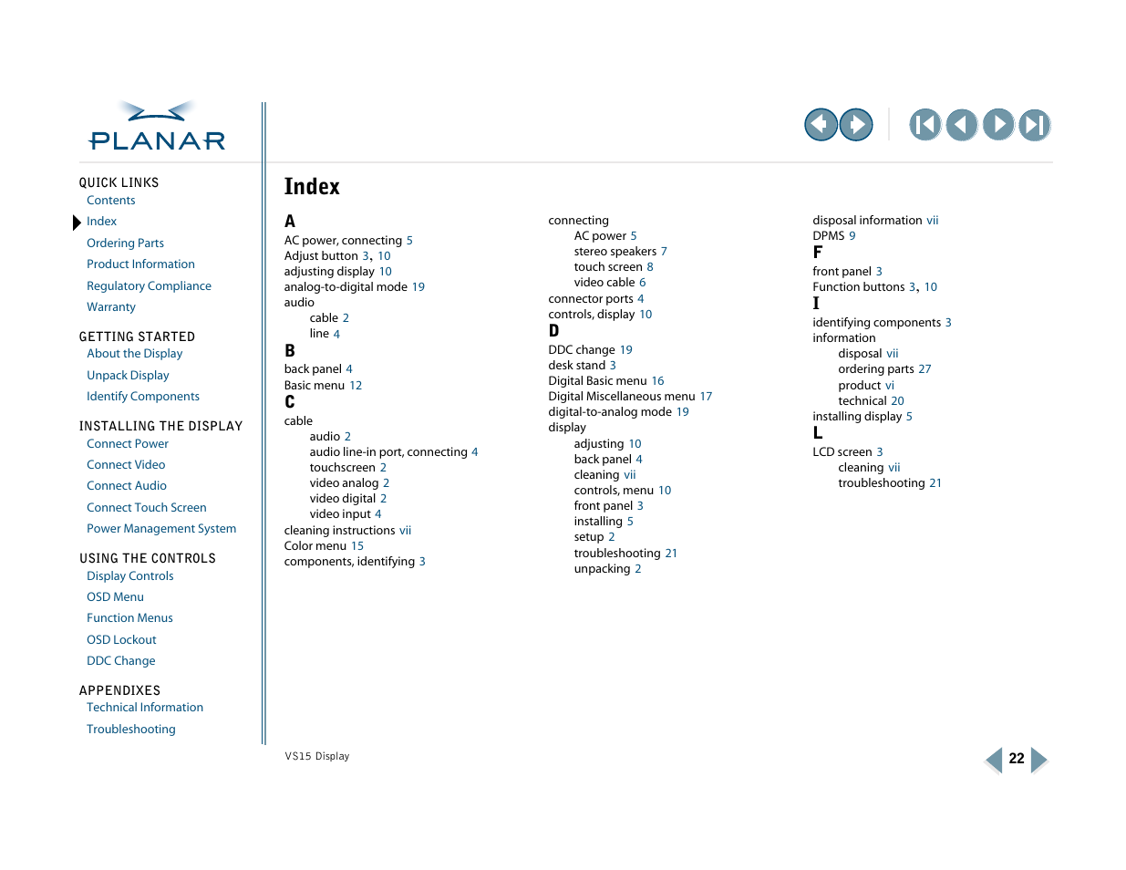 Index | Planar VS15XAD-TR User Manual | Page 30 / 37