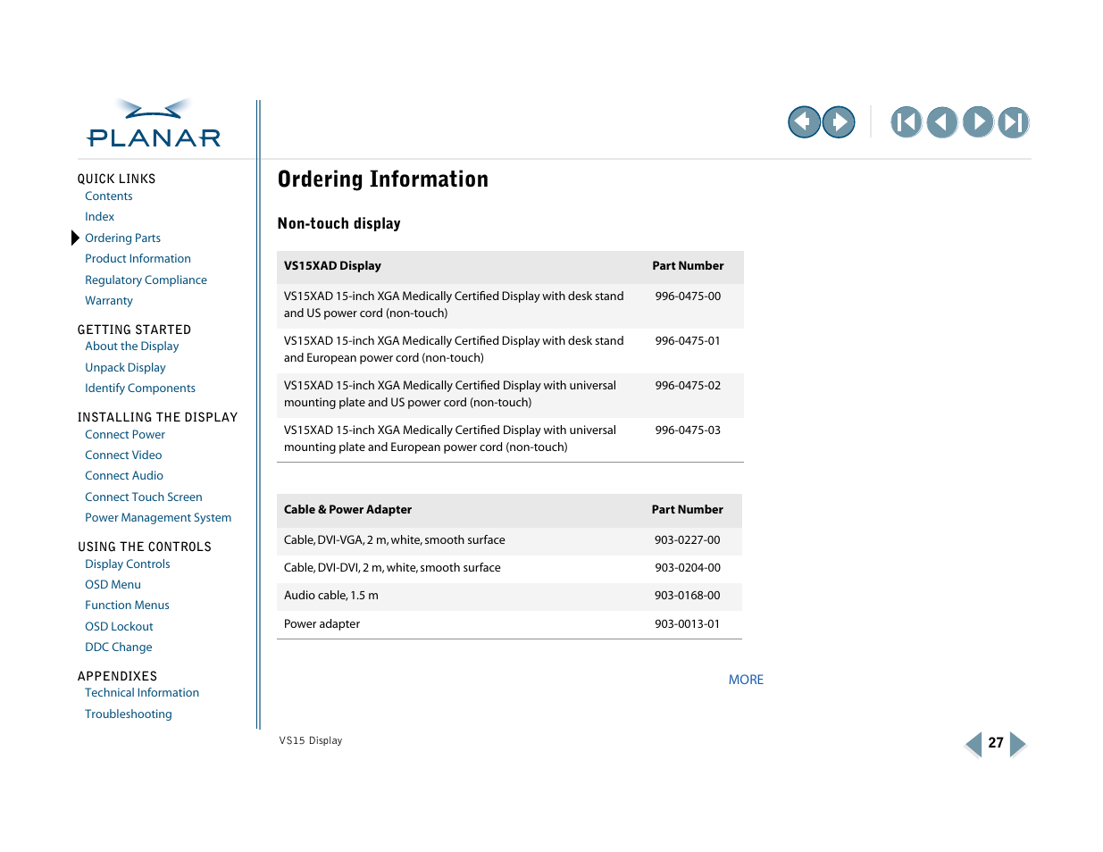 Ordering information, Non-touch display, Ordering parts | Planar VS15XAD-TR User Manual | Page 35 / 37