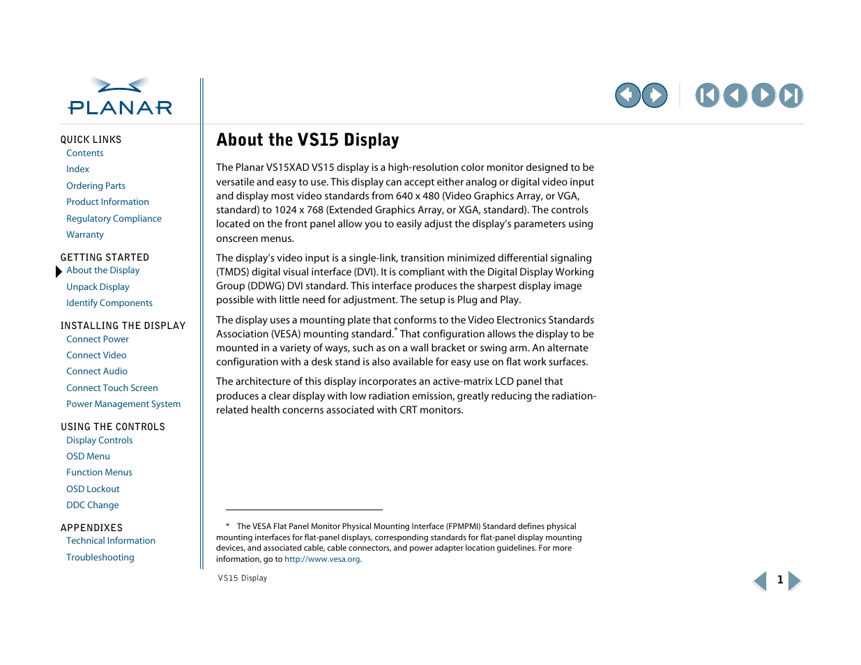 1 getting started, About the vitalscreen csr, About the display | About the vs15 display | Planar VS15XAD-TR User Manual | Page 9 / 37