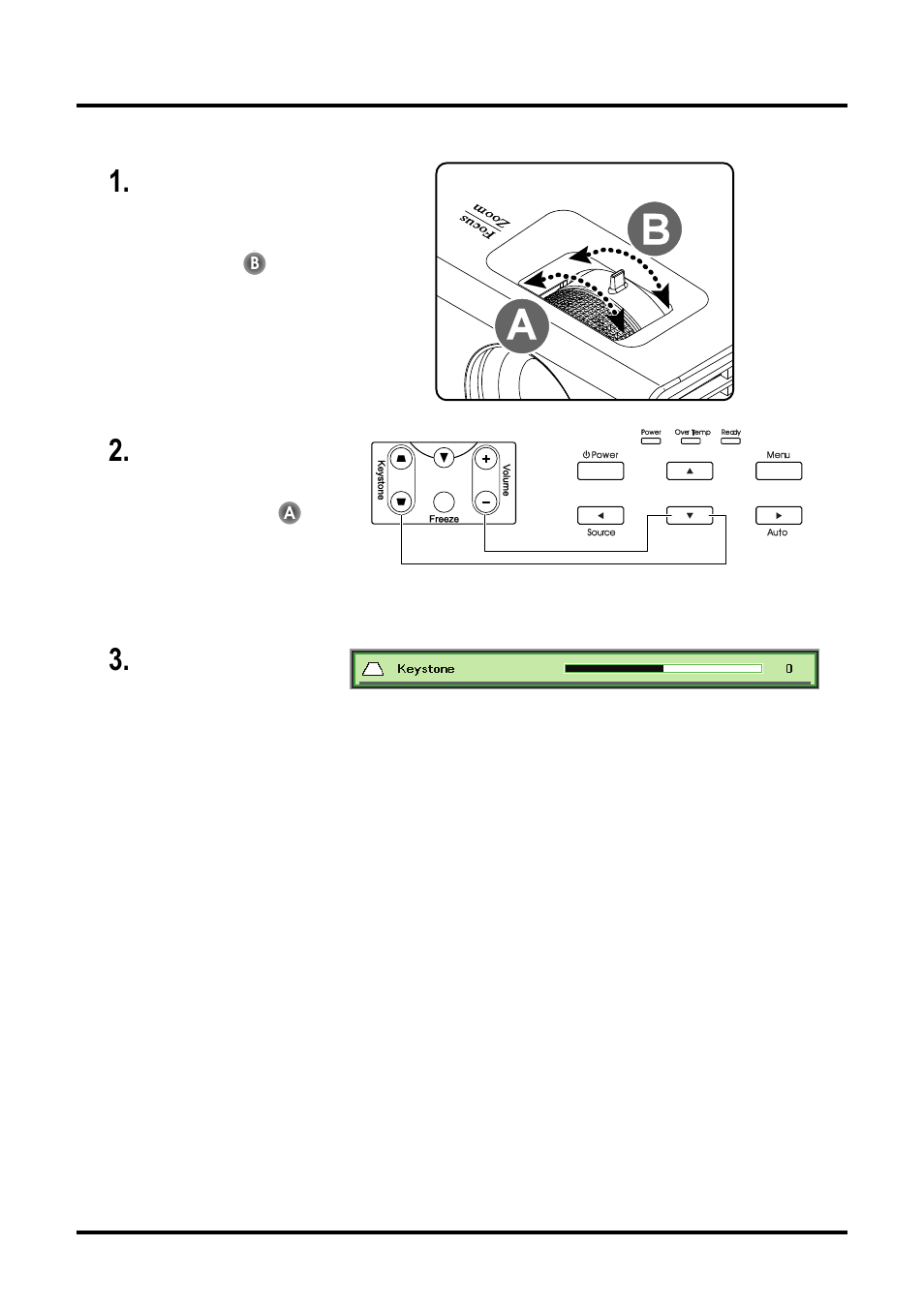 Adjusting the zoom, focus and keystone, Djusting the, Ocus and | Eystone | Planar PR Line PR6022 User Manual | Page 24 / 57