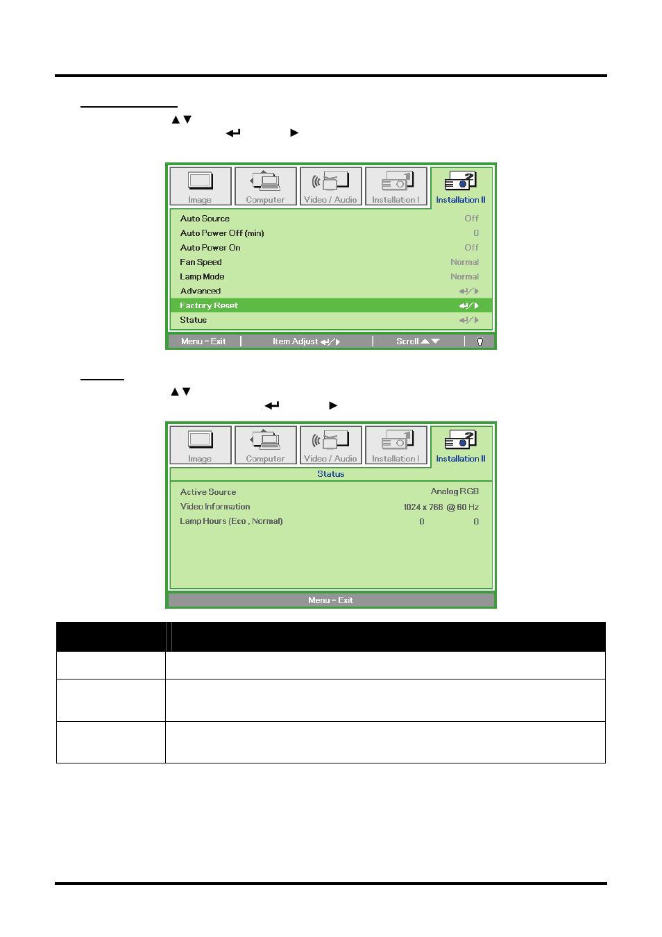 Factory reset, Status, 34 for more | Planar PR Line PR6022 User Manual | Page 42 / 57