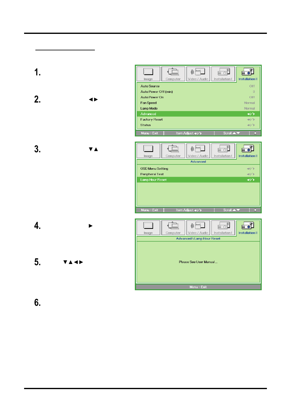 Resetting the lamp | Planar PR Line PR6022 User Manual | Page 46 / 57