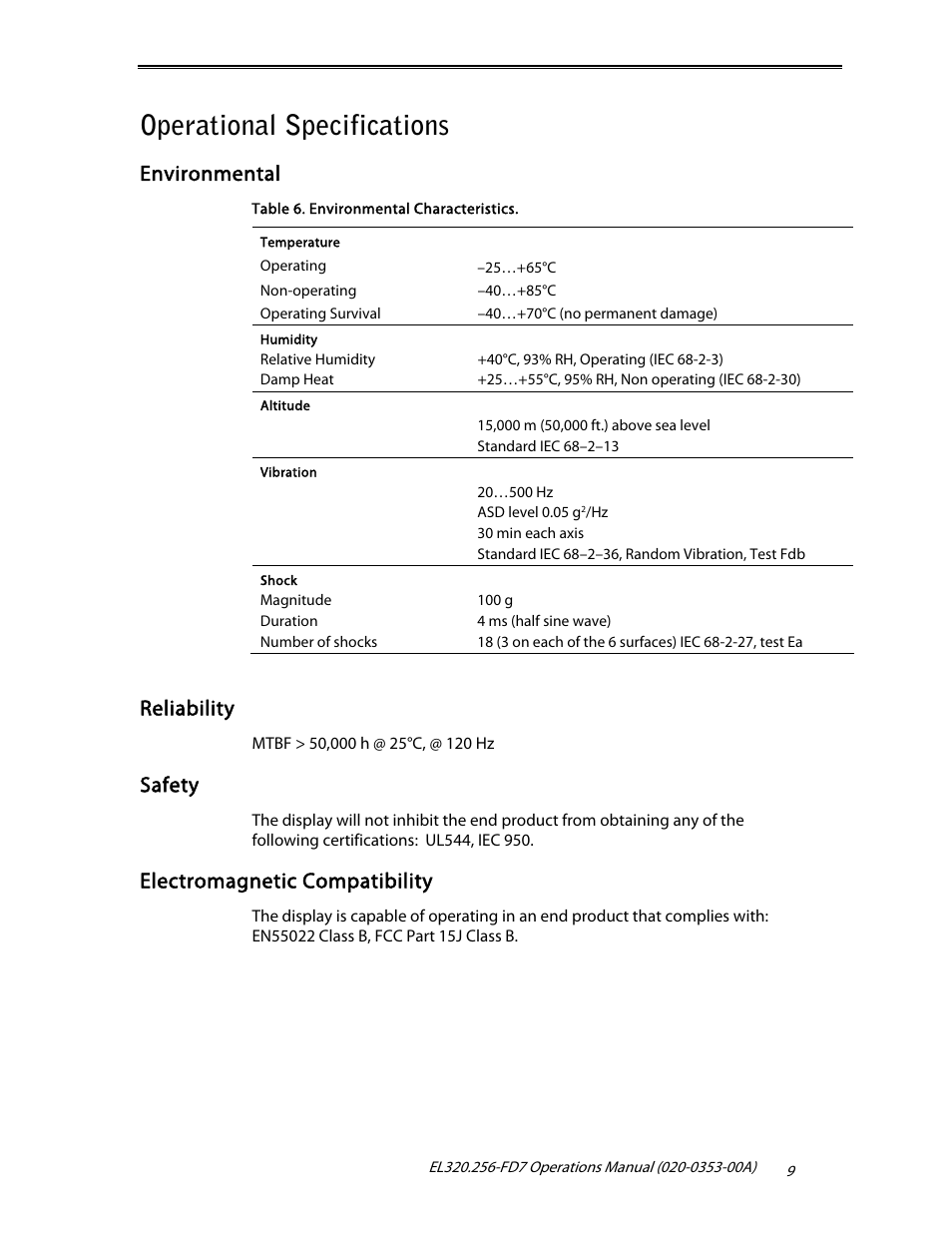 Operational specifications, Environmental, Reliability | Safety, Electromagnetic compatibility | Planar High Brightness User Manual | Page 11 / 18