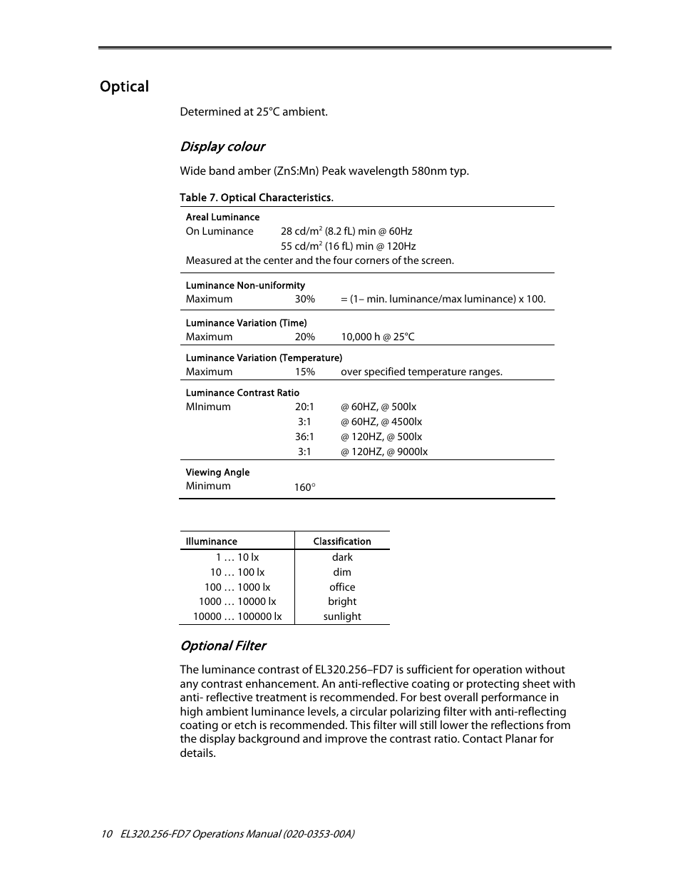 Optical, Display colour, Optional filter | Planar High Brightness User Manual | Page 12 / 18