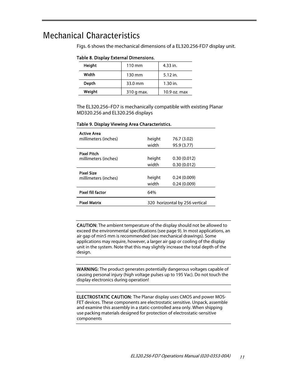 Mechanical characteristics | Planar High Brightness User Manual | Page 13 / 18