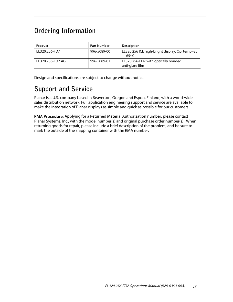 Ordering information, Support and service | Planar High Brightness User Manual | Page 17 / 18