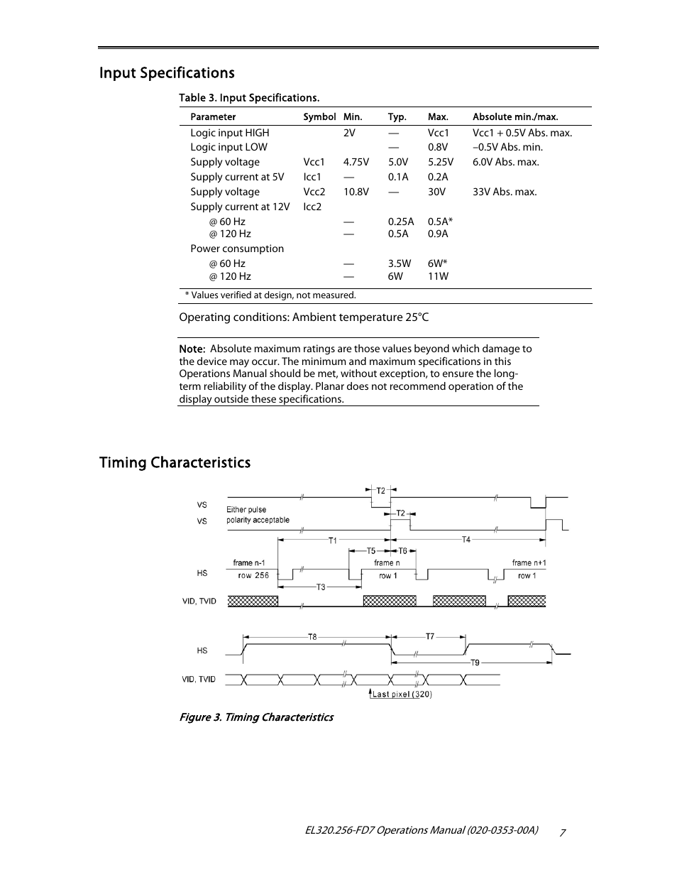 Input specifications, Timing characteristics | Planar High Brightness User Manual | Page 9 / 18