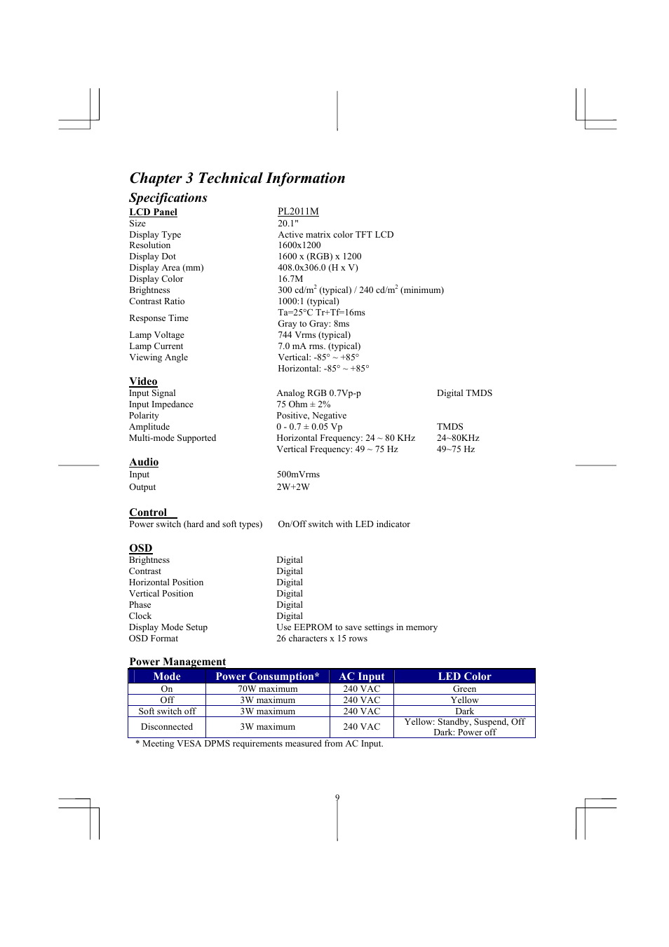 Chapter 3 technical information, Specifications | Planar PL2011 User Manual | Page 10 / 13