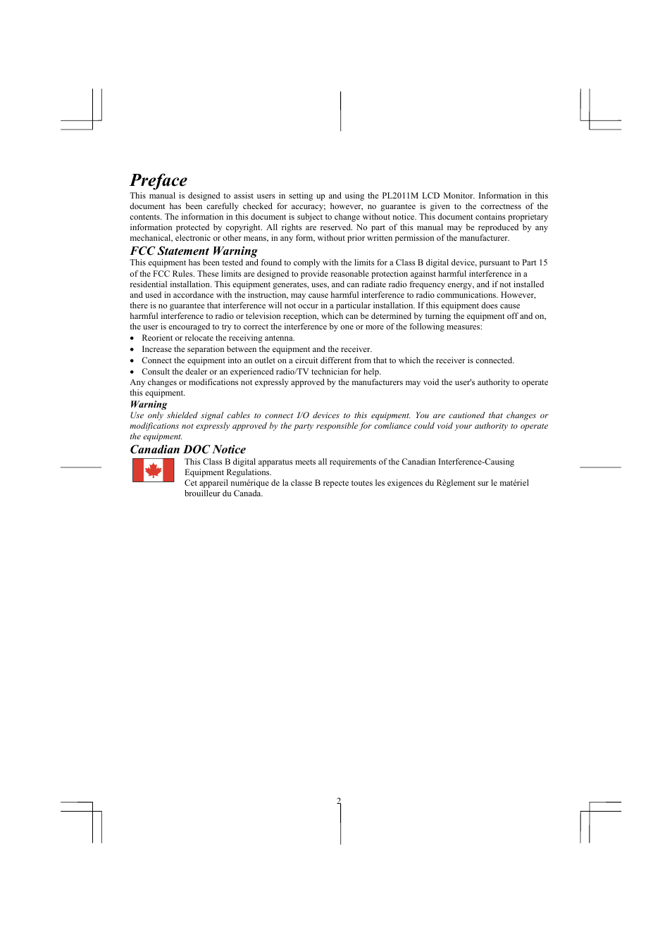 Preface | Planar PL2011 User Manual | Page 3 / 13