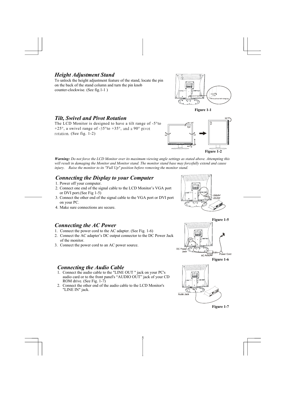 Height adjustment stand, Tilt, swivel and pivot rotation, Connecting the display to your computer | Connecting the ac power, Connecting the audio cable | Planar PL2011 User Manual | Page 6 / 13