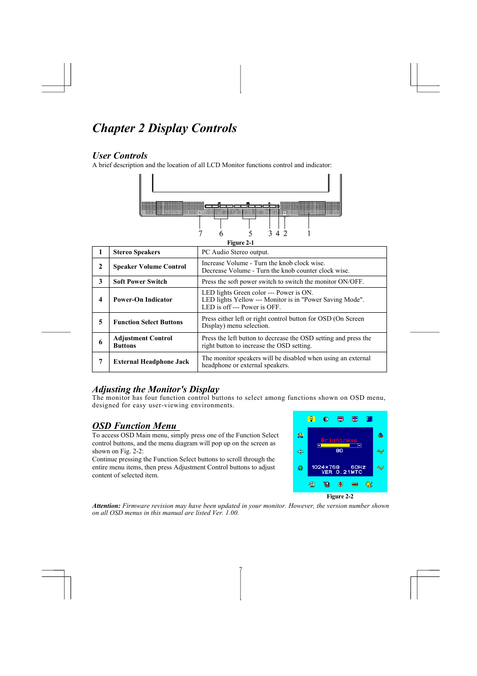 Chapter 2 display controls, User controls, Adjusting the monitor's display | Osd function menu | Planar PL2011 User Manual | Page 8 / 13