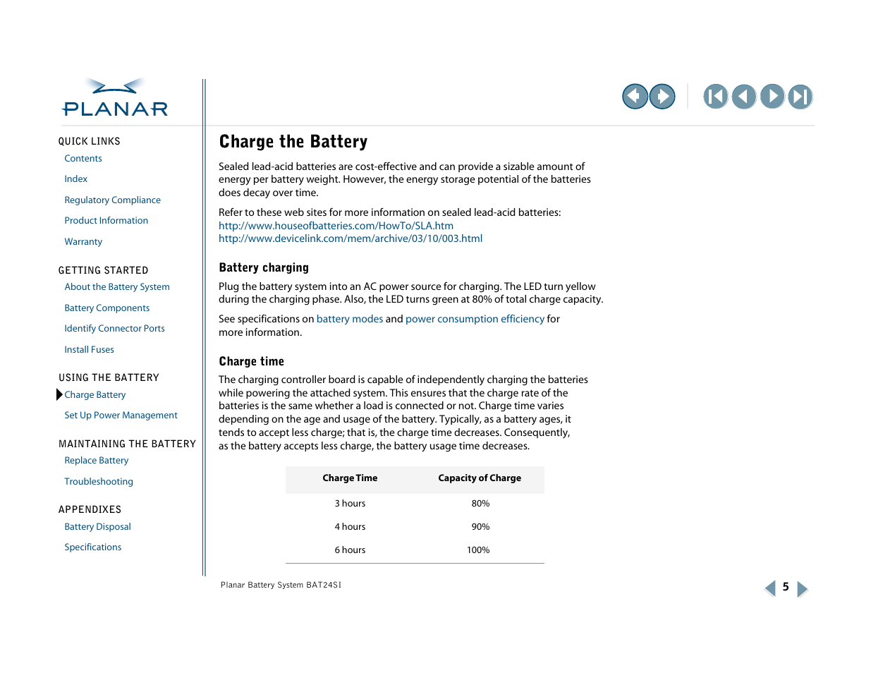 Using the battery, Charge battery, Battery charging | Charge time, Charge the battery | Planar BAT24SI User Manual | Page 10 / 31