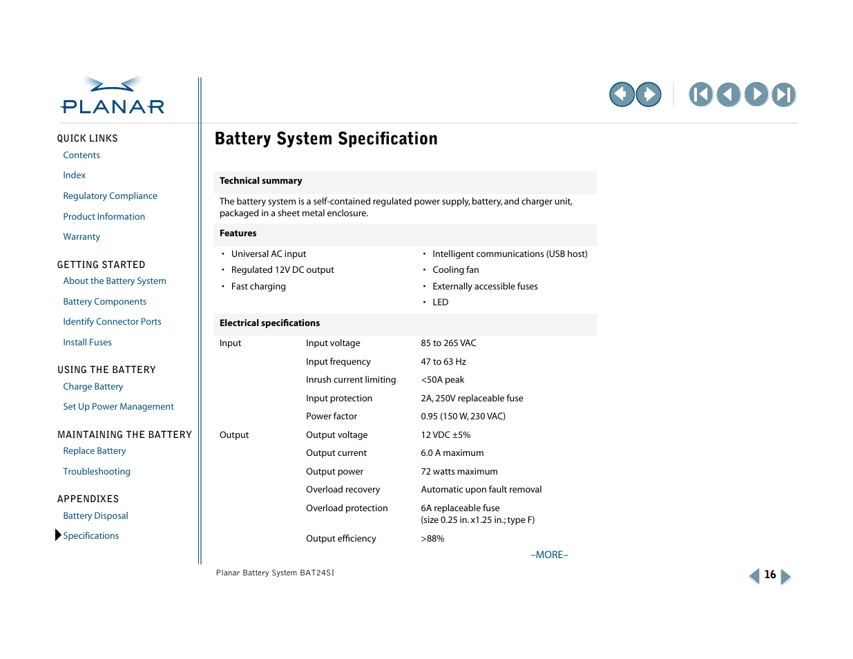 Specifications, Battery system specification, See the | Technical specification | Planar BAT24SI User Manual | Page 21 / 31