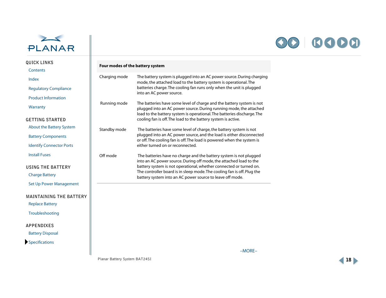 See specifications on, Battery modes, More | Planar BAT24SI User Manual | Page 23 / 31