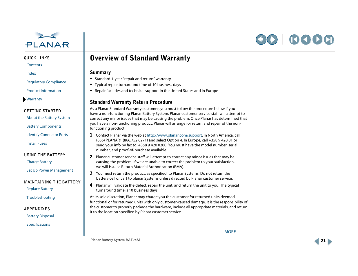 Standard warranty, Warranty, Overview of standard warranty | Planar BAT24SI User Manual | Page 26 / 31