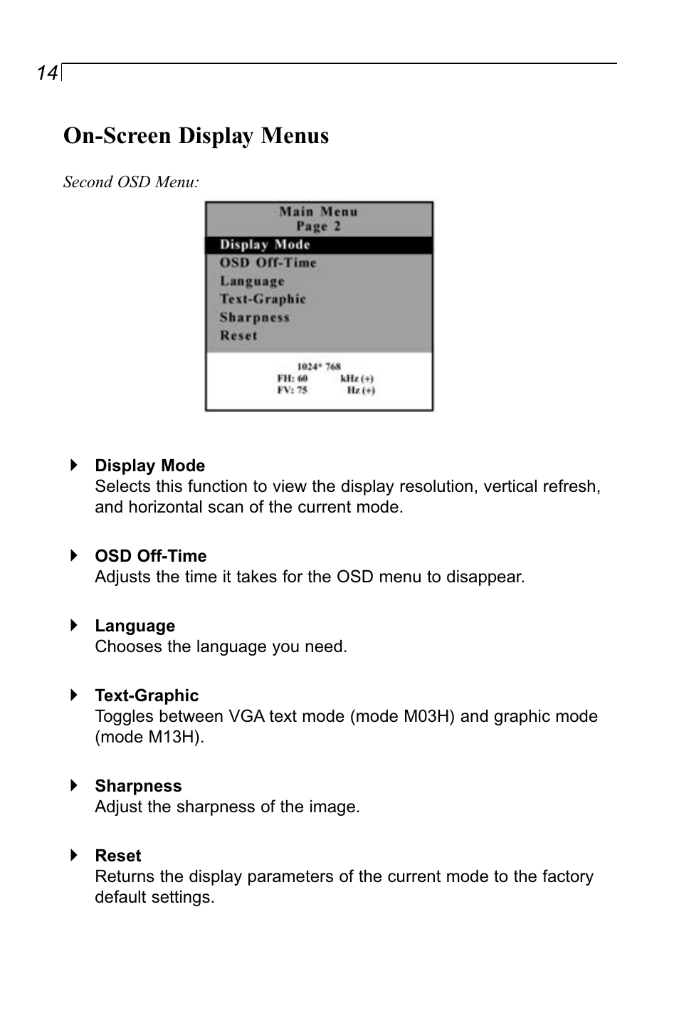 On-screen display menus | Planar LA1910RTC User Manual | Page 14 / 22