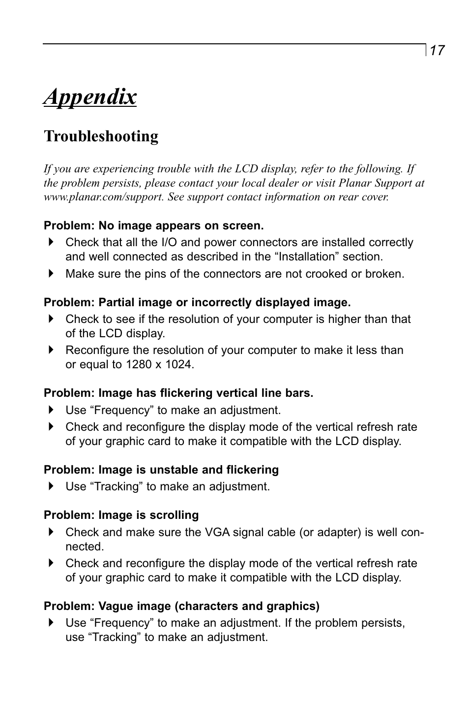 Appendix, Troubleshooting | Planar LA1910RTC User Manual | Page 17 / 22