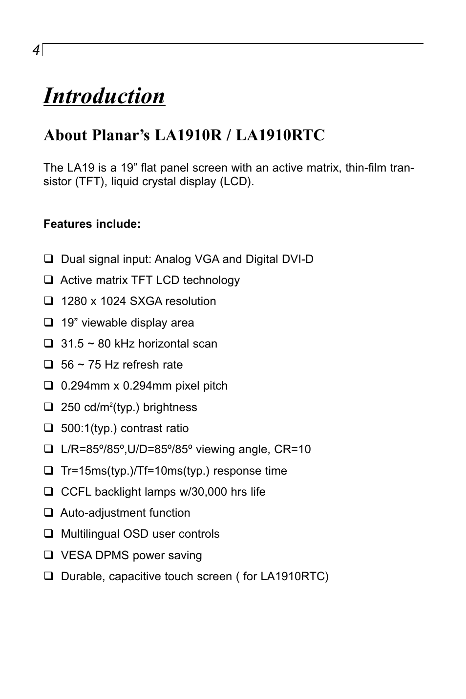 Introduction | Planar LA1910RTC User Manual | Page 4 / 22