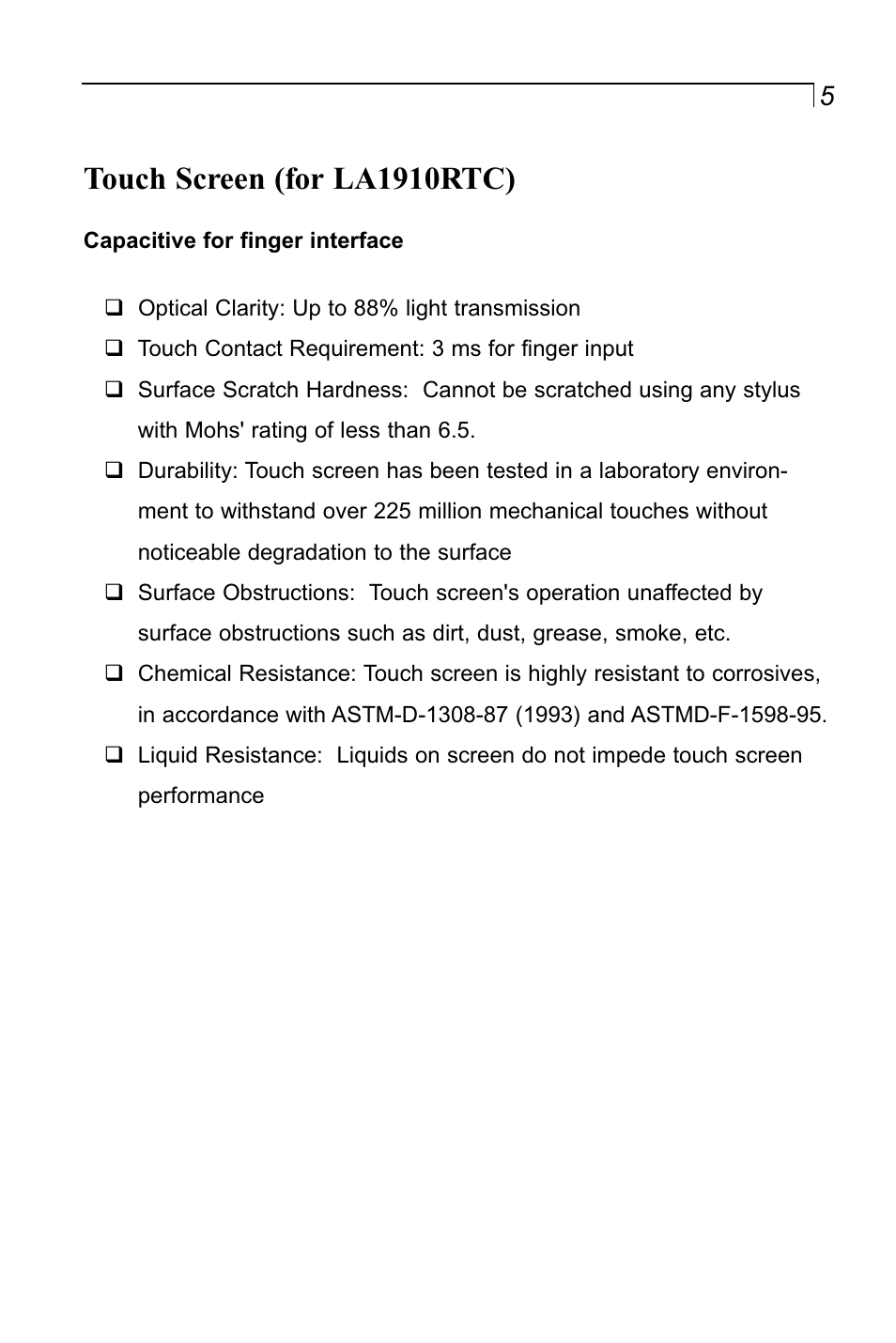 Touch screen (for la1910rtc) | Planar LA1910RTC User Manual | Page 5 / 22