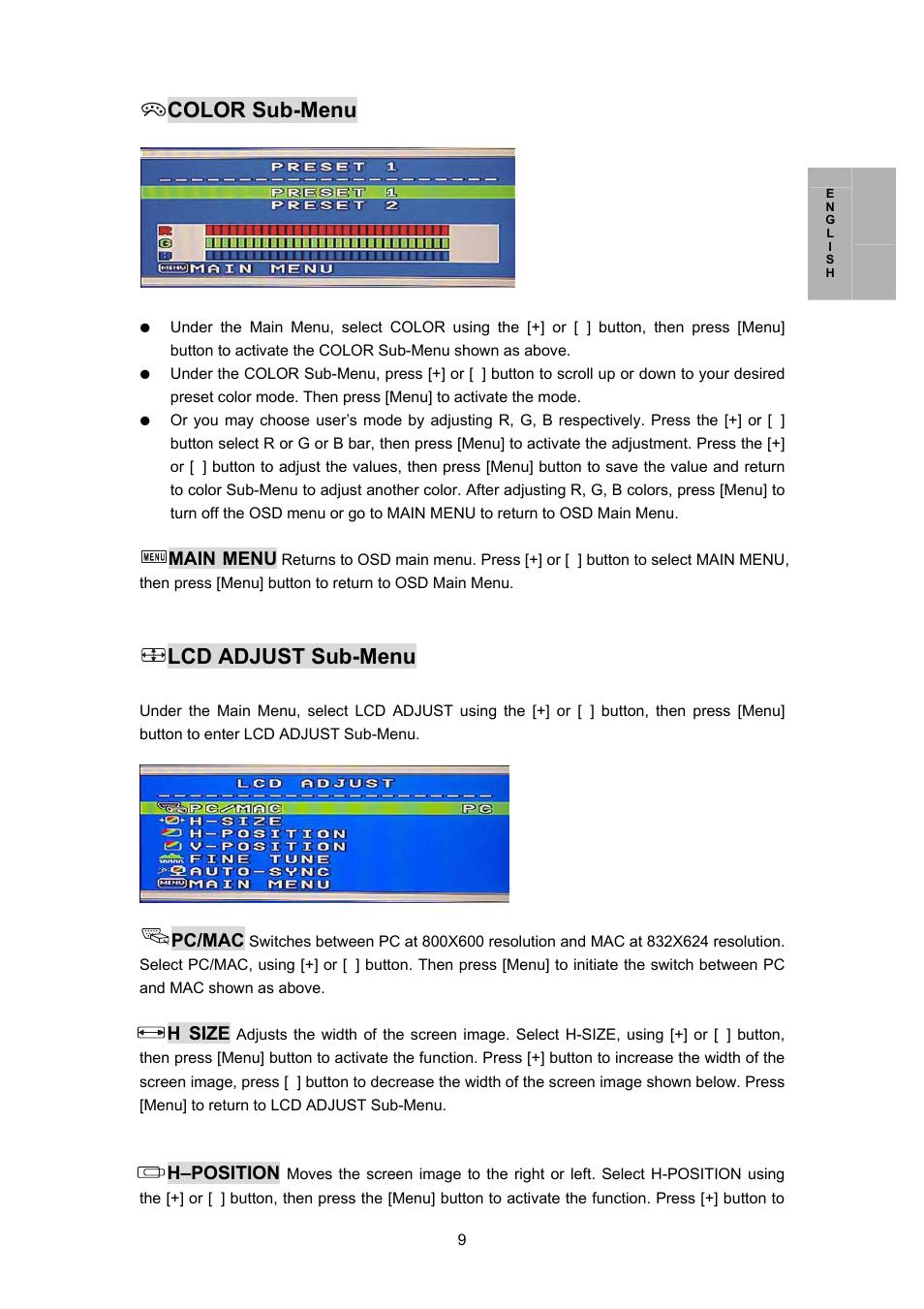 Color sub-menu, Lcd adjust sub-menu | Planar PL170M User Manual | Page 10 / 16