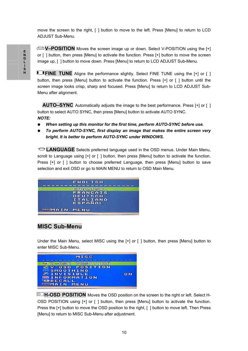 Misc sub-menu | Planar PL170M User Manual | Page 11 / 16