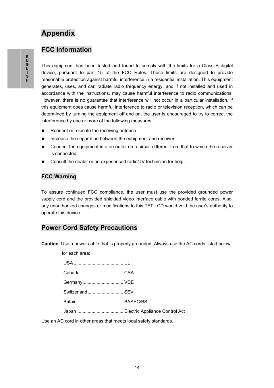 Appendix, Fcc information, Power cord safety precautions | Planar PL170M User Manual | Page 15 / 16