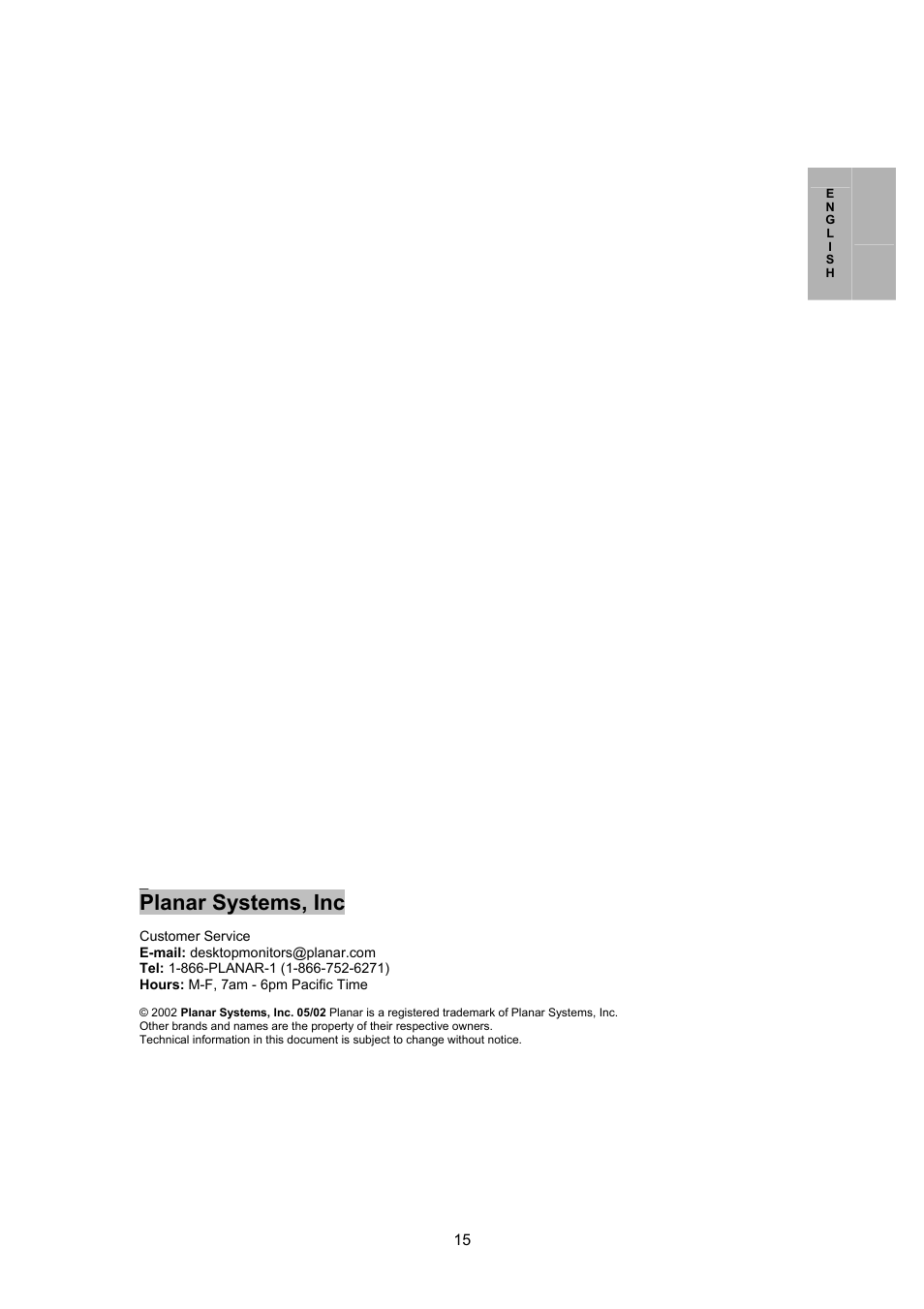 Planar systems, inc | Planar PL170M User Manual | Page 16 / 16